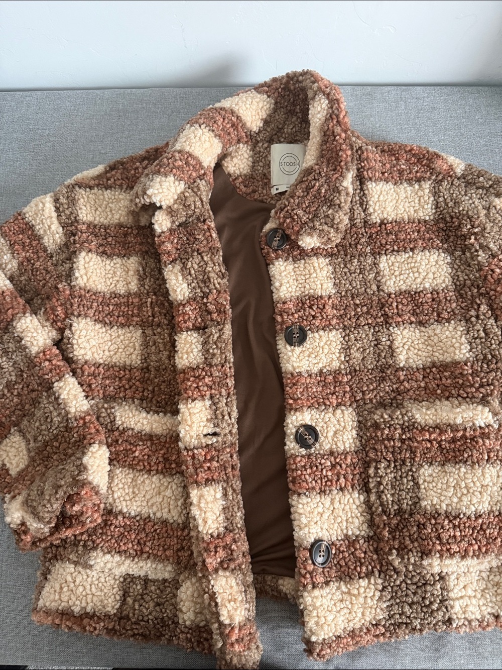 Stoosh Brown & Cream Plaid Sherpa Jacket